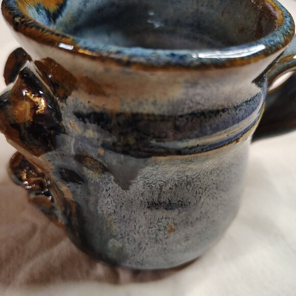 Artist Made Coffee Mug Ugly Face Blue Brown Heavily Glazed Folk Pottery Signed - Picture 10 of 16